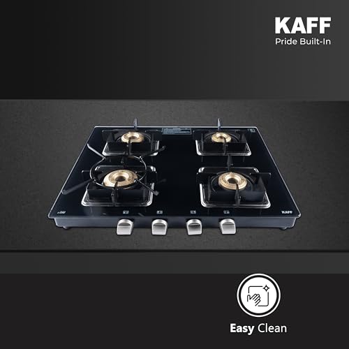 Image of KAFF 4 Burner Gas Stove | 63 cm Toughened Glass Cooktop | High Efficiency Brass Burners | Cast Iron Pan Support | Stainless Steel Drip Tray | Metal Knobs | Black | CTJ634B