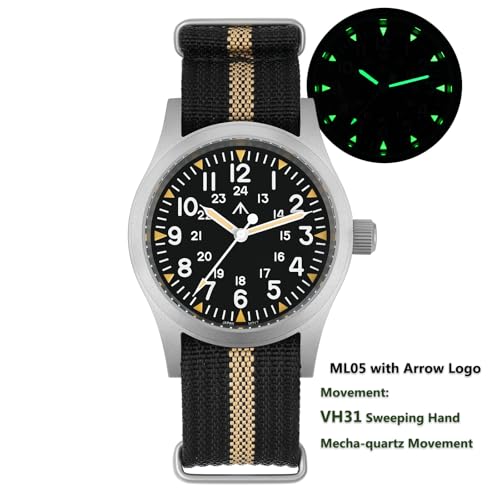 Image of Militado ML05 38mm VH31 Quartz Watch - Domed Sapphire Crystal Field Watch C3 Super Luminous Retro Sweep Wrist Watch for Men 100M Waterproof