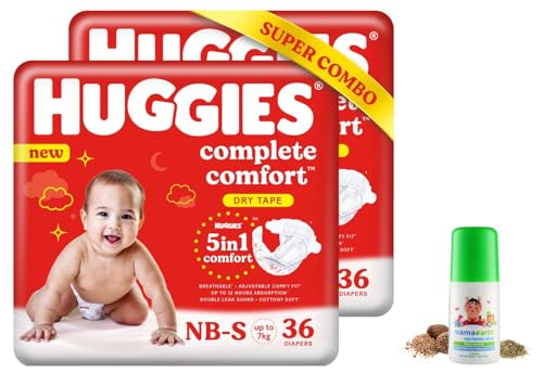 Image of Huggies Complete Comfort Dry Tape Newborn - Small (NB-S) Size Baby Tape Diapers, Combo Pack of 2, 36 count per pack, 72 count & Mamaearth Easy Tummy Roll On Oil - 40ml