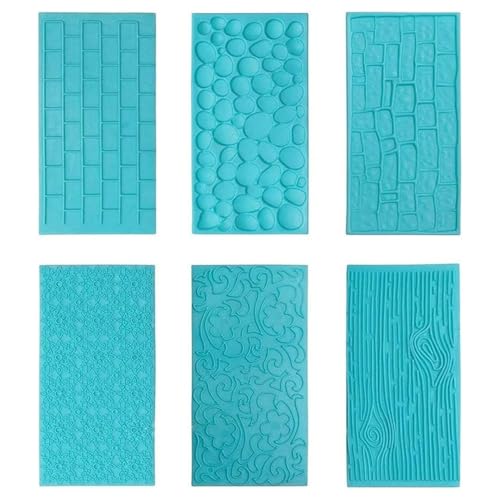 LATRAT 6 Stück Fondant Muster Matte Prägematte Strukturmatt, Silikonform Baumrinde Ziegel Holz Kopfstein Kieselstein Blume Designs