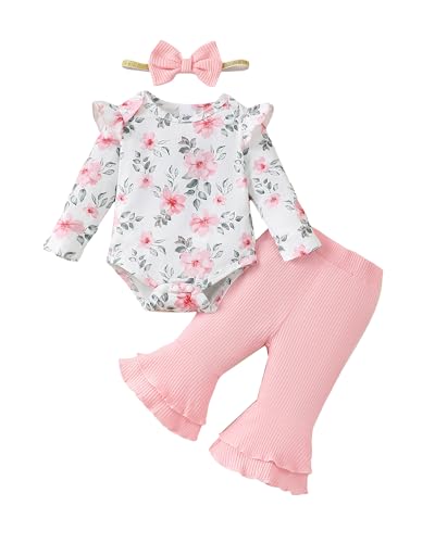 Image of SUNNY PIGGY Baby Girl Clothes Newborn Outfits Ruffle Floral Romper Flared Pants 3Pcs for Infant 0 3 6 9 12 18 24 Months