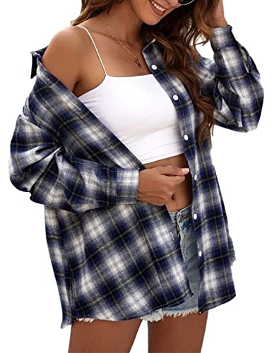 Image of HangNiFang Womens Flannel Plaid Shirts Oversized Button Shirts Blouse Tops