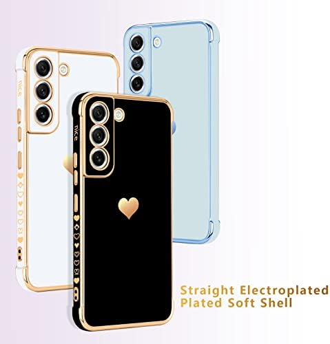 Urarssa for Samsung S22 Case Cute Bling Plating Heart Design Cases Women Girls Shockproof Bumper Silicone Slim Protective Cover for Samsung Galaxy S22 5G, Black