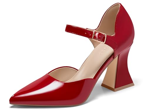 Coutgo Womens Chunky High Heels Closed Pointed Toe Ankle Strap Pumps Cute Dress Dance Shoes