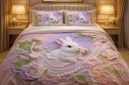 Image of 7D Real Look Kids Digital Printed Double Flat Bedsheet 90x100 Inch with 2 Large Pillow Covers 19x29 Inch, Soft & Colorful Real 7D Look Design (Cute Rabbit)