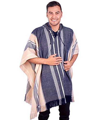 Image of Hodded Beige and Blue Alpaca Poncho for Men inchSuyana inch - Traditional Peruvian Blanklet Poncho