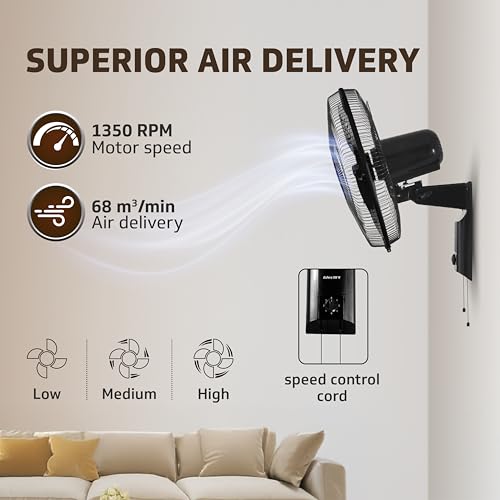 Image of V-Guard Esfera SW N 400 mm Wall Fan | High-Speed 1350 RPM Motor | 3 Speed Settings | Aerodynamic 3 Blades | Adjustable Tilt & Oscillation | Copper Winding & ABS Body | Black