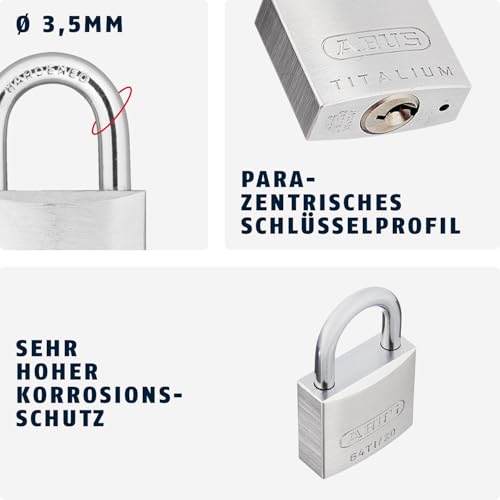 ABUS Vorhängeschloss Titalium 64TI/20 - 2er Set, gleichschließend, Silber – Ansicht 3