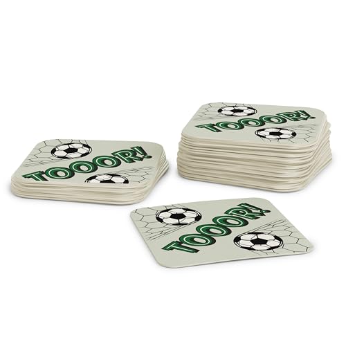 Lot de 50 dessous de verre avec ballon de football I TOOOR! I Sous-verres rectangulaires en carton (9,3 x 9,3 cm) I Décoration de table Coupe du monde 2026