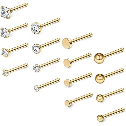 Ruifan 16PCS 20G Surgical Steel 1.5mm 2mm 2.5mm 3mm Top Flat & Ball & Clear Round & Jeweled Clear CZ Nose Stud Ring Bone Pin Piercing Jewelry - Gold Cover