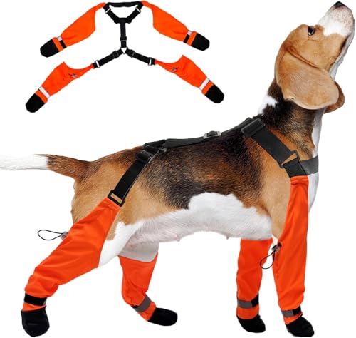 Dog Suspender Boots, Waterproof Tall Dog Rain Booties, Anti-Dirt Pet Legging Boots Paw Protector 4-Legged Shoes, Adjustable Snow Pants with Boot for Medium Large Dogs Outdoor Walking Hiking(S,Orange)
