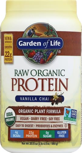 Image of Garden of Life Organic Vegan Protein Powder, Plant Based & BCAAs, Organic Protein Powder with Probiotics & Enzymes, Non-GMO, Gluten-Free Lactose Free, Vanilla Chai, 1.28 Pound (Pack of 6)