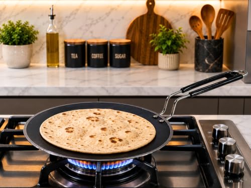 Image of Pure Iron Tawa for Roti & Chapati with Strong Steel Handle | Heavy Duty Curved Surface Iron Tava for Multipurpose Uses & Health Benefits | Non-Toxic, No Chemical Layers | Gas Stove | 10 Inch, 1 KG