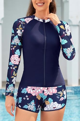 Women's Rash Guard Sets Zipper Long Sleeve Swimsuit Top Swim Shirt Board Shorts Bathing Suits Swimwear4