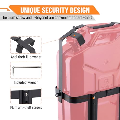 Image of Anti-theft Jerry Can Mount Holder: Lockable Jerry Gas Can Holder Rack, 5 Gallon (20 Liter), Reinforced Welding, Anti-theft U-bayonet, Plum Stainless Steel Screws