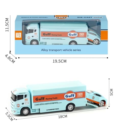 Image of 1:64 Scale Gulf Racing Fuel Die-Cast Car Transporter Truck with Sports Car - Premium Alloy Pull Back Vehicle Toy for Kids & Collectors