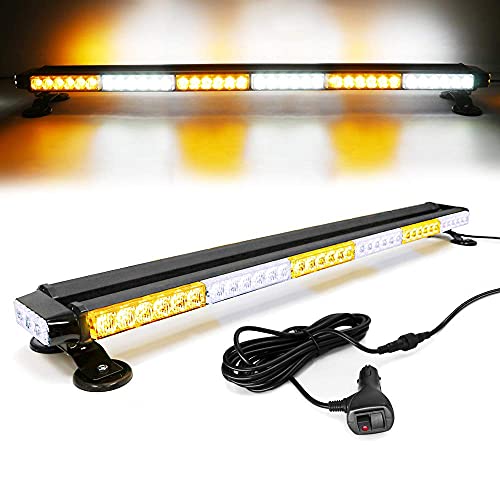 FOXCID White Amber White 38  78 LED Emergency Warning Security Roof Top Flash Strobe Light Bar with Magnetic Base, for Plow or Tow Truck Construction Vehicle