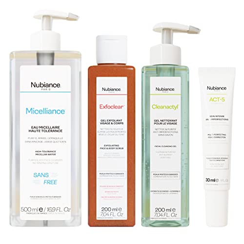 NUBIANCE - Traitement de l'acné, points blancs, points noirs - Peaux mixtes - Favorise l'écoulement du sébum - Eau micellaire - Exfoliant visage et corps - Gel nettoyant visage - Creme correctrice Cover