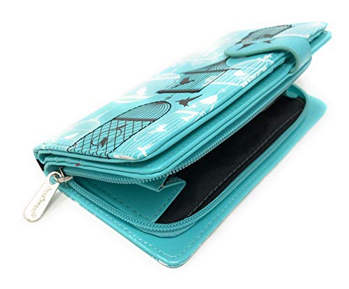 Shag Wear Vintage Bird Cage Large Wallet for Women and Teen Girls Vegan Faux Leather Blue 7"4