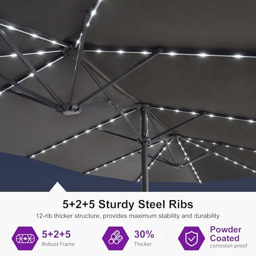 Image of PURPLE LEAF Patio Umbrella 15ft with Base and Solar Lights Outdoor, Grey