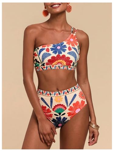 GORGLITTER Women's Floral One Shoulder Swimsuits Tummy Control High Waisted Bikini Sets Bathing Suit 2 Piece Swim Wear4
