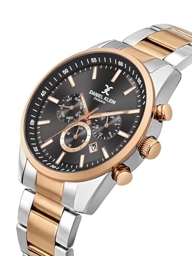 Image of Daniel Klein Men Analog Multifunction Watch | Rose Gold Silver Case | Grey Dial with Day Date 24-Hour Format | Two Tone Metal Strap | 44 mm | Water Resistant 3 ATM | DK.20.13348-9