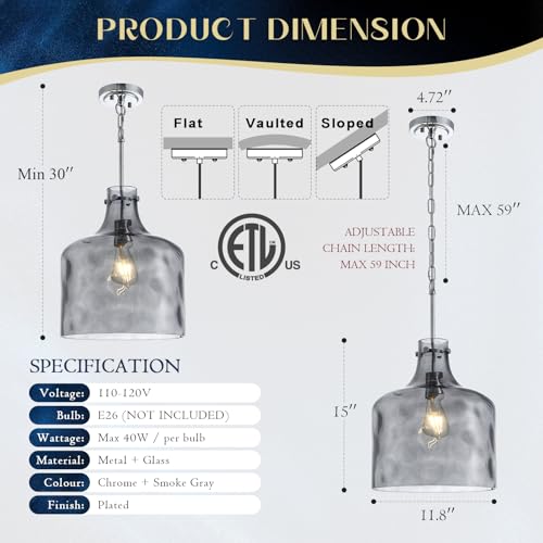 Image of 12 inch Smoked Gray Farmhouse Pendant Light, Hammered Glass, E26 Light
