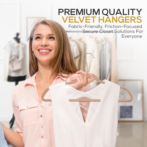 Image of Techzoo 50 Pack New Premium Quality Velvet Hangers Ultra Thin Non Slip Adult Felt Space Saving Hangers for Closet Heavy Duty Coat Pants Dress Hangers 360 Swivel Hook Hold Upto 10 lbs Warm Taupe
