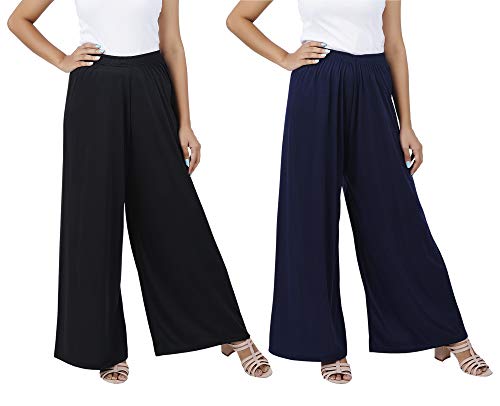 Image of Buy That Trendz M to 4XL Cotton Viscose Loose Fit Flared Wide Leg Palazzo Cotton for Pants Women Black Navy Combo Pack of 2 XXX-Large