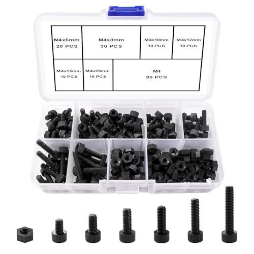 Lyeteung 90 Sets 6 Größen M4 Nylon Hexagon Sockel Schrauben Muttern Kit, Nylon-Innensechskantschrauben, Kunststoff Sechskant Mutter, für Befestigungselemente, Schwarz