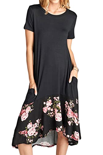 Image of Jayscreate Women's Casual Summer Dress Midi Length T Shirt Tunic Short Sleeve Crew Neck Long Beach Dress Loose Fit with Pockets