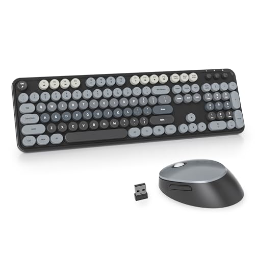 Image of Guffercty kred Colorful Grey Wireless Keyboard and Mouse Combo, Retro Typewriter Wireless Full-Size Cute Office Keyboard 2.4GHz with Round Keycaps for Desktop Laptop and PC(Gradient Black)