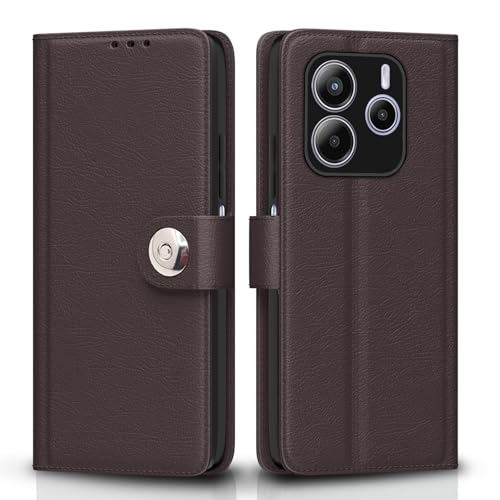 Image of Pikkme Flip Cover Leather Finish | Inside TPU with Card Pockets | Wallet Stand and Shock Proof | Complete Protection Button Flip Case for Redmi Note 14 5G (Coffee)
