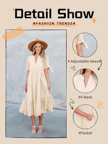 Image of Theenkoln Womens Casual Midi Dress: Short Sleeve V-Neck Empire Waist Gingham Spring Fashion Long Trendy Tiered Formal Dresses
