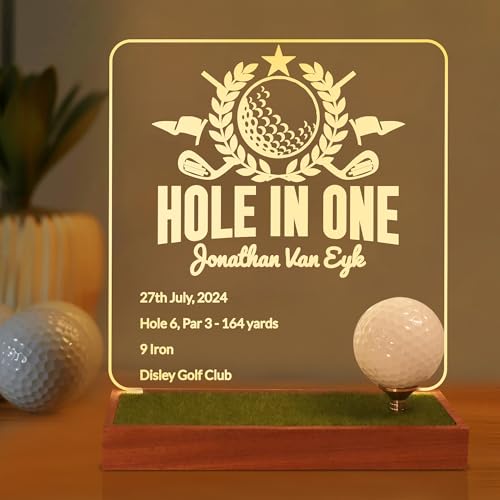 Image of YuanDian Hole in One Display, Custom Acrylic Memorabilia Stand Holder with Wood Base, for Single Ball Souvenir Golfball Collections,Great Gift for Golfers Golf Lovers