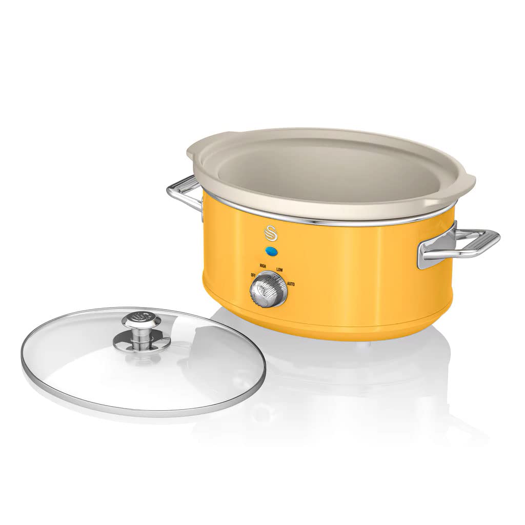 Swan Retro SF17021YELNIEUW Kookpan, 3,5 l, afneembare container, anti- aanbaklaag, keramiek, PFOA en PTFE, 3 temperatuurniveaus, glazen deksel, slowcooker, vintage design, geel, 200 W