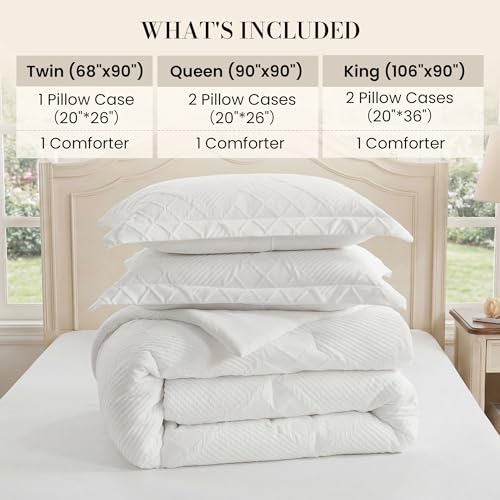 King Comforter Set, 3 Piece White Jacquard Bedding Set with 2 Pillow Cases - image 6