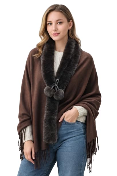 Image of Manra Women's Solid Faux Fur Border Stole Shawl Warm Wrap Cape for Winters (SC 14)