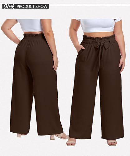 Image of OLRIK Women's Plus Size Pants Adjustable High Waisted Wide Leg Palazzo Pants Casual Trousers with Pockets Spring Clothes