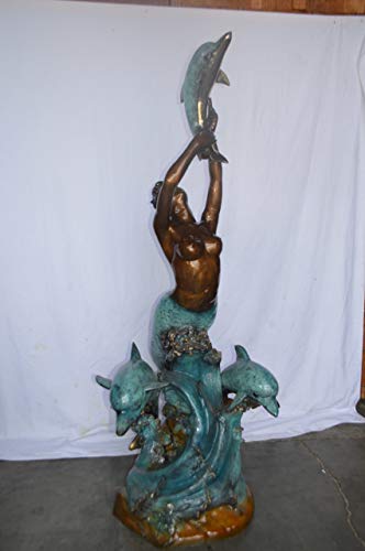 Estatua de sirena de bronce con delfines grande para jardín miniatura 6