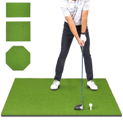 GoSports Golf Hitting Mat - PRO 5 x 5 ft - 15 mm Artificial Turf Training Mat for Indoor/Outdoor Swing Practice, Includes 3 Rubber Tees