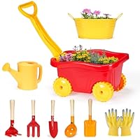 GNAYUIJ Kids Gardening Tools Set 9 pcs Wheelbarrow Set for Toddler with DIY Flowerpot,Watering Can,Shovel,Rake,Beach,Garden,Outdoor Backyard Farm Digging Play Set Toys,3-8 Year Old Boy Girl Gift