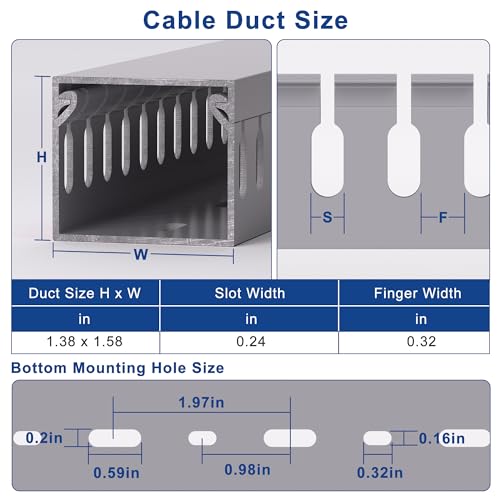 Image of 1.4 inchH x 1.6 inchW Cable Raceway, 12ft Under Desk Wire Management Channel, Grey | Slotted Wire Duct, 4 Pack (3 ft Each), Heavy-Duty PVC Cable Management for Server Racks, Network Cables & Electrical Cabinets