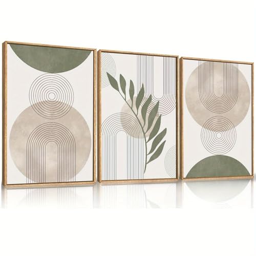 LIFKNVN Set di 3 quadri da parete con cornice botanica e motivo boho, dipinti su tela con linee geometriche verde salvia, foglie beige e verdi, per camera da letto, 21x35 cm, con cornice.