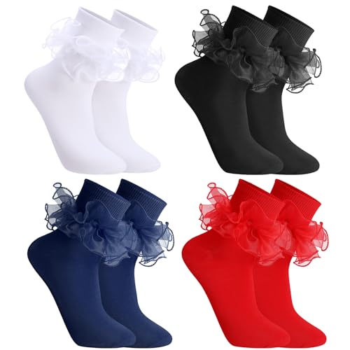 Jspupifip 4 Pairs Women Big Ruffle Socks, Cute Classic Double Lace Frilly Cotton Dress Sock for Ladies