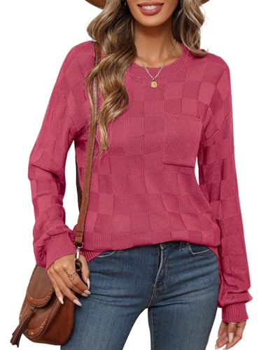 Womens Sweaters 2025 Fashion Trendy Long Sleeve Crewneck Checkered Sweater Knit Loose Pullover Sweater Tops2