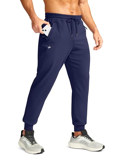 Pudolla Men's Fleece Joggers with 3 Zipper Pockets Warm Athletic Pants Winter Workout Gym Running Sweatpants for Men(Navy L)