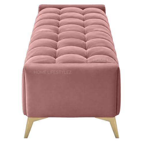 Image of Wooden 2 Seater Upholstered Bench Sofa | Hushkin Fabric Ottoman Bench & Footrest Stool | Modern Settee for Living Room, Bedroom & Office Entryway (Peach)