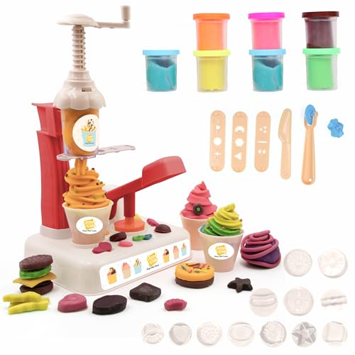 Image of Chanak Toys Play Dough Ice Cream Maker Set, Safe Non-Toxic Dough Ice Cream Maker Including 6 Color Dough Tubes Each 50g + 1(100gm) for Boys Girls, Above 3+ Age (White)