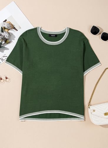 Dokotoo Womens Tops Round Neck Striped Contrast Short Sleeve Lightweight Loose Pullover Sweaters for Women 20252